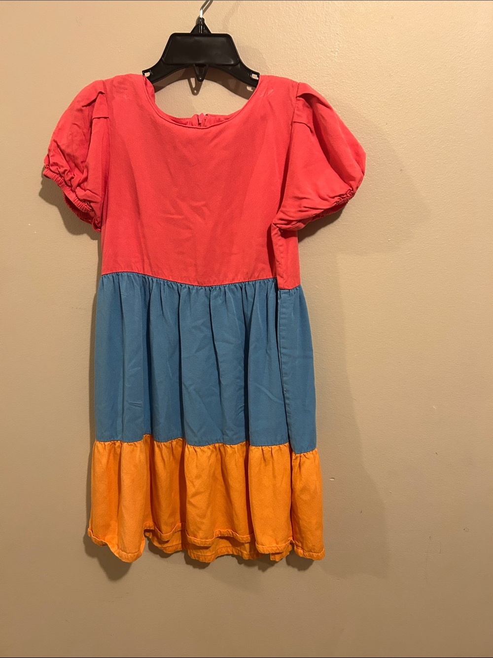 Girls Colorblock Puff-Sleeve Dress in Coral, Blue & Yellow